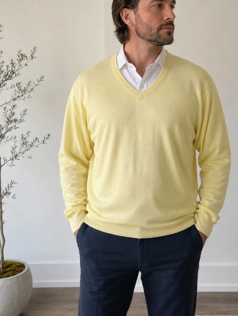 Kenneth Roberts Platinum Silk Blend V-Neck Pullover Sweater Yellow Mens Size XXL